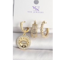 Pirinç Gold Renk Zirkon Taşlı Göz İşlemeli Model  3'Lü Kadın Kombin Küpe - TJ-BKP10435