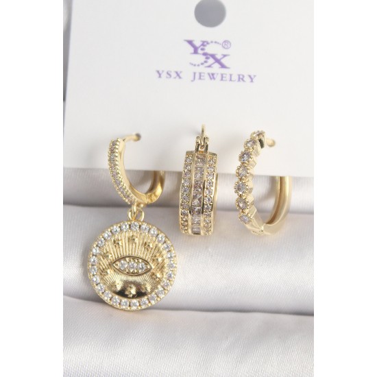 Pirinç Gold Renk Zirkon Taşlı Göz İşlemeli Model  3'Lü Kadın Kombin Küpe - TJ-BKP10435