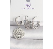 Pirinç Gümüş Renk Zirkon Taşlı Göz İşlemeli Halka Model 3'Lü Kadın Kombin Küpe - TJ-BKP10436