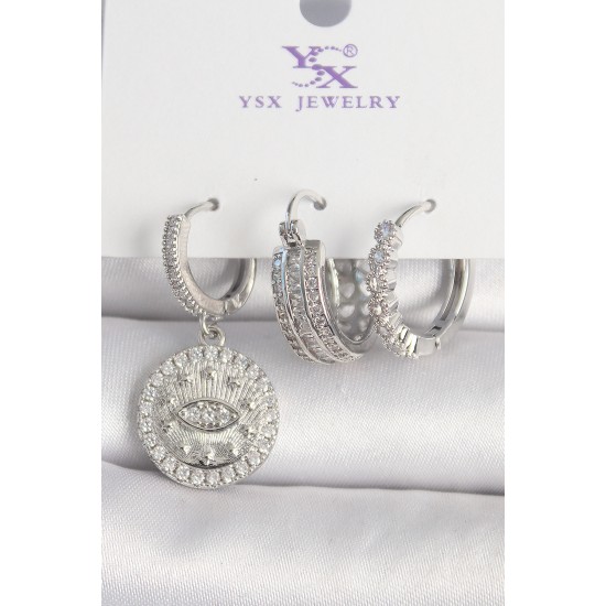 Pirinç Gümüş Renk Zirkon Taşlı Göz İşlemeli Halka Model 3'Lü Kadın Kombin Küpe - TJ-BKP10436