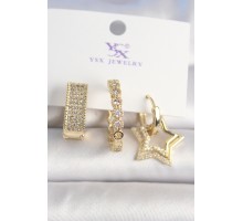Pirinç Gold Renk Zirkon Taşlı Yıldız Figür Halka Model 3'Lü Kadın Kombin Küpe - TJ-BKP10437