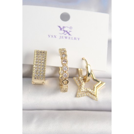 Pirinç Gold Renk Zirkon Taşlı Yıldız Figür Halka Model 3'Lü Kadın Kombin Küpe - TJ-BKP10437