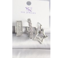 Pirinç Gümüş Renk Zirkon Taşlı Yıldız Figür Halka Model 3'Lü Kadın Kombin Küpe - TJ-BKP10438