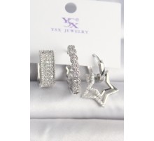 Pirinç Gümüş Renk Zirkon Taşlı Yıldız Figür Halka Model 3'Lü Kadın Kombin Küpe - TJ-BKP10438