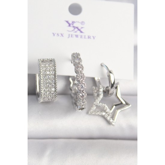 Pirinç Gümüş Renk Zirkon Taşlı Yıldız Figür Halka Model 3'Lü Kadın Kombin Küpe - TJ-BKP10438