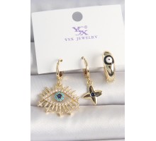 Pirinç Gold Renk Zirkon Taşlı Göz Figür Nazar Boncuk Detay 3'Lü Kadın Kombin Küpe - TJ-BKP10439