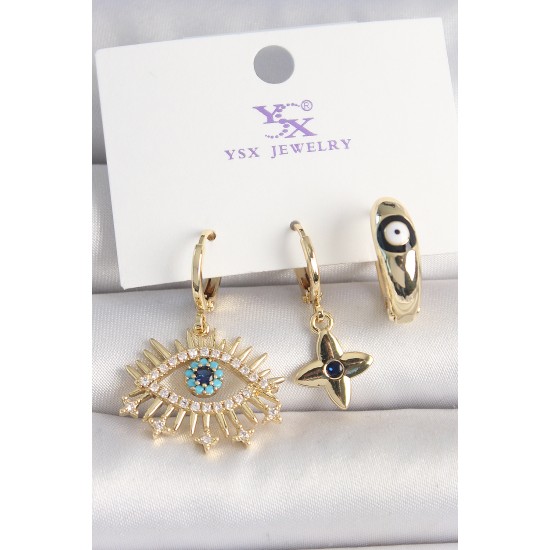 Pirinç Gold Renk Zirkon Taşlı Göz Figür Nazar Boncuk Detay 3'Lü Kadın Kombin Küpe - TJ-BKP10439