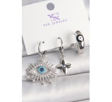 Pirinç Gümüş Renk Zirkon Taşlı Göz Model Nazar Boncuk Detay 3'Lü Kadın Kombin Küpe - TJ-BKP10440