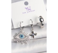 Pirinç Gümüş Renk Zirkon Taşlı Göz Model Nazar Boncuk Detay 3'Lü Kadın Kombin Küpe - TJ-BKP10440