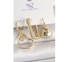 Pirinç Gold Renk Zirkon Taşlı Sallantı Kalp Model 3'Lü Kadın Kombin Küpe - TJ-BKP10441