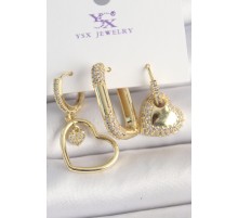 Pirinç Gold Renk Zirkon Taşlı Sallantı Kalp Model 3'Lü Kadın Kombin Küpe - TJ-BKP10441