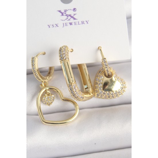 Pirinç Gold Renk Zirkon Taşlı Sallantı Kalp Model 3'Lü Kadın Kombin Küpe - TJ-BKP10441