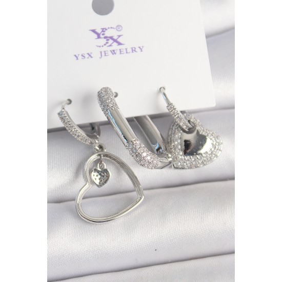 Pirinç Gümüş Renk Sallantı Zirkon Taşlı Kalp Model 3'Lü Kadın Kombin Küpe - TJ-BKP10442