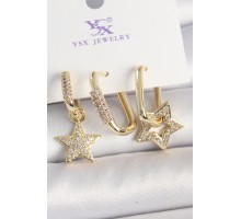 Pirinç Gold Renk Sallantı Zirkon Taşlı Yıldız Model 3'Lü Kadın Kombin Küpe - TJ-BKP10443