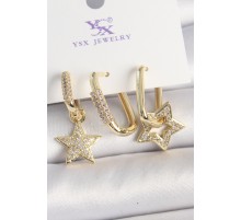 Pirinç Gold Renk Sallantı Zirkon Taşlı Yıldız Model 3'Lü Kadın Kombin Küpe - TJ-BKP10443