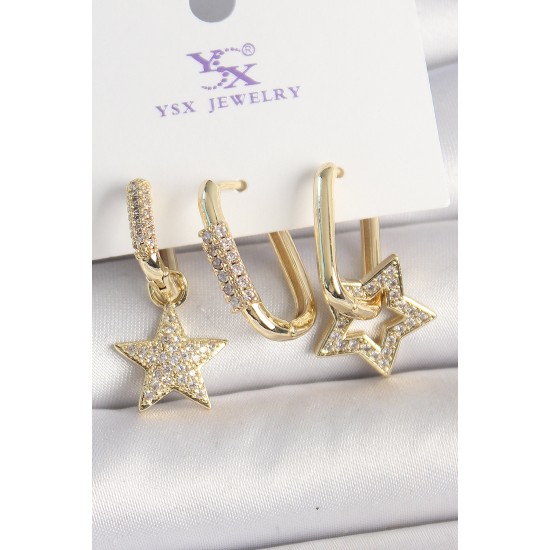 Pirinç Gold Renk Sallantı Zirkon Taşlı Yıldız Model 3'Lü Kadın Kombin Küpe - TJ-BKP10443