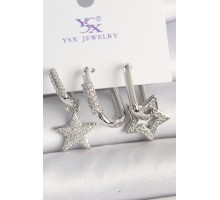 Pirinç Gümüş Renk Sallantı Zirkon Taşlı Yıldız Model 3'Lü Kadın Kombin Küpe - TJ-BKP10444