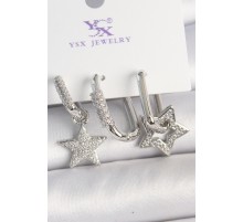 Pirinç Gümüş Renk Sallantı Zirkon Taşlı Yıldız Model 3'Lü Kadın Kombin Küpe - TJ-BKP10444