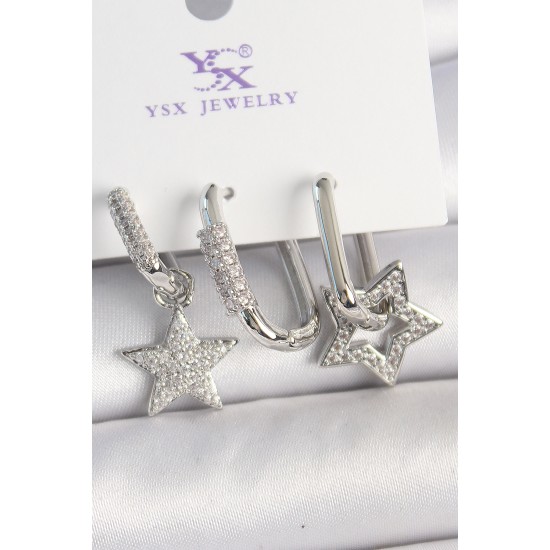 Pirinç Gümüş Renk Sallantı Zirkon Taşlı Yıldız Model 3'Lü Kadın Kombin Küpe - TJ-BKP10444