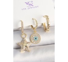 Pirinç Gold Renk Zirkon Taşlı Sallantı Yıldız Model Nazar Boncuk Detay 3'Lü Kadın Kombin Küpe - TJ-BKP10445