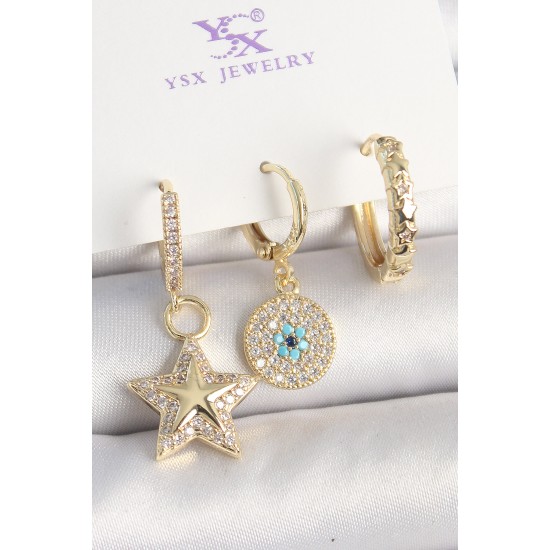 Pirinç Gold Renk Zirkon Taşlı Sallantı Yıldız Model Nazar Boncuk Detay 3'Lü Kadın Kombin Küpe - TJ-BKP10445