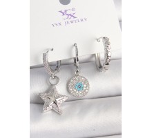 Pirinç Gold Renk Zirkon Taşlı Yıldız Model Nazar Boncuk Detay 3'Lü Kadın Kombin Küpe - TJ-BKP10446