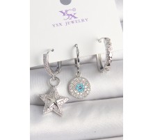 Pirinç Gold Renk Zirkon Taşlı Yıldız Model Nazar Boncuk Detay 3'Lü Kadın Kombin Küpe - TJ-BKP10446