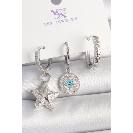 Pirinç Gold Renk Zirkon Taşlı Yıldız Model Nazar Boncuk Detay 3'Lü Kadın Kombin Küpe - TJ-BKP10446