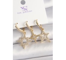Pirinç Gold Renk Zirkon Taşlı Yıldız Model 3'Lü Kadın Kombin Küpe - TJ-BKP10447