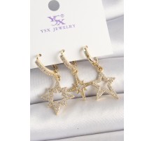 Pirinç Gold Renk Zirkon Taşlı Yıldız Model 3'Lü Kadın Kombin Küpe - TJ-BKP10447