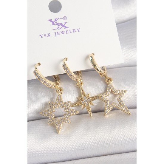 Pirinç Gold Renk Zirkon Taşlı Yıldız Model 3'Lü Kadın Kombin Küpe - TJ-BKP10447