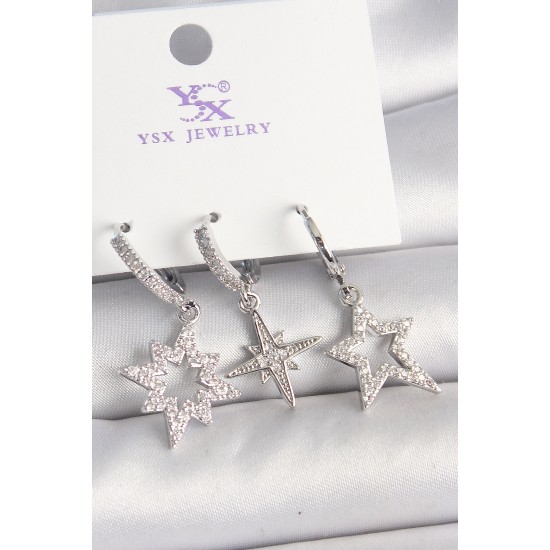 Pirinç Gümüş Renk Zirkon Taşlı Yıldız Model 3'Lü Kadın Kombin Küpe - TJ-BKP10448