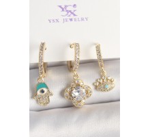 Pirinç Gold Renk Zirkon Taşlı Fatma Ana El Yonca Figür Göz Detay 3'Lü Kadın Kombin Küpe - TJ-BKP10449