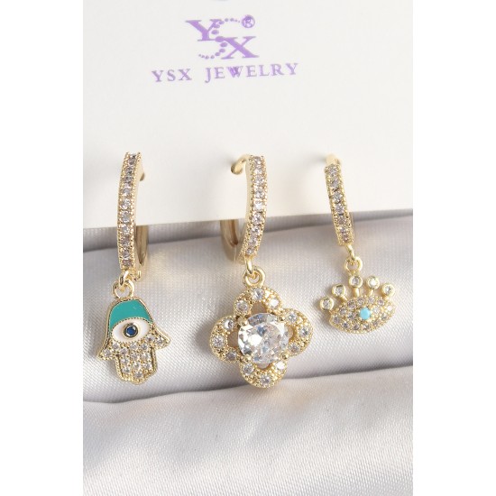 Pirinç Gold Renk Zirkon Taşlı Fatma Ana El Yonca Figür Göz Detay 3'Lü Kadın Kombin Küpe - TJ-BKP10449