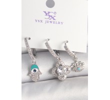 Pirinç Gümüş Renk Zirkon Taşlı Fatma Ana Yonca Figür Göz Detay 3'Lü Kadın Kombin Küpe - TJ-BKP10450