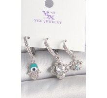 Pirinç Gümüş Renk Zirkon Taşlı Fatma Ana Yonca Figür Göz Detay 3'Lü Kadın Kombin Küpe - TJ-BKP10450