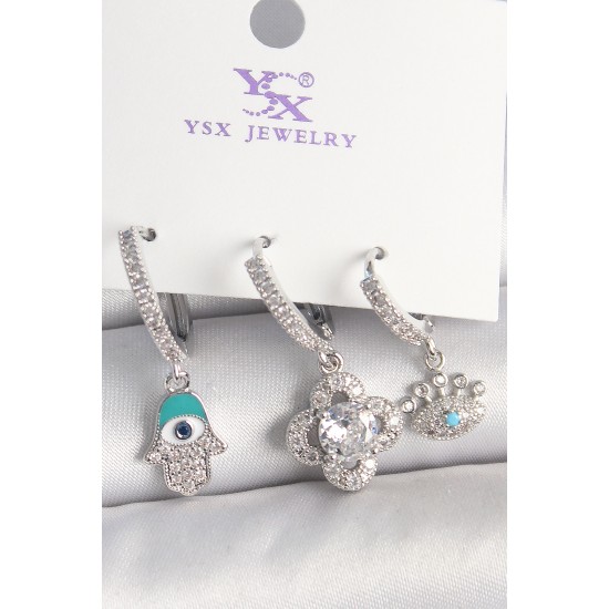 Pirinç Gümüş Renk Zirkon Taşlı Fatma Ana Yonca Figür Göz Detay 3'Lü Kadın Kombin Küpe - TJ-BKP10450