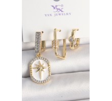 Pirinç Gold Renk Sallantı Zirkon Taş İşlmeli Yıldız Portre Model 3'Lü Kadın Kombin Küpe - TJ-BKP10452