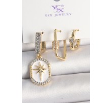 Pirinç Gold Renk Sallantı Zirkon Taş İşlmeli Yıldız Portre Model 3'Lü Kadın Kombin Küpe - TJ-BKP10452