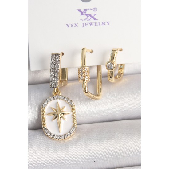 Pirinç Gold Renk Sallantı Zirkon Taş İşlmeli Yıldız Portre Model 3'Lü Kadın Kombin Küpe - TJ-BKP10452