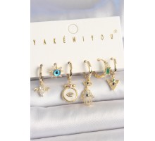 Pirinç Gold Renk Zirkon Taşlı Fatma Ana El Figür Nazar Boncuk Detay 6'Lı Kadın Kombin Küpe - TJ-BKP10453