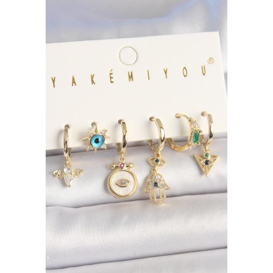 Pirinç Gold Renk Zirkon Taşlı Fatma Ana El Figür Nazar Boncuk Detay 6'Lı Kadın Kombin Küpe - TJ-BKP10453