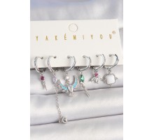 Pirinç Gümüş Renk Zirkon Taşlı Kuş Figür Çiçek Detay 6'Lı Kadın Kombin Küpe - TJ-BKP10454