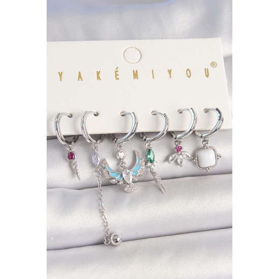 Pirinç Gümüş Renk Zirkon Taşlı Kuş Figür Çiçek Detay 6'Lı Kadın Kombin Küpe - TJ-BKP10454