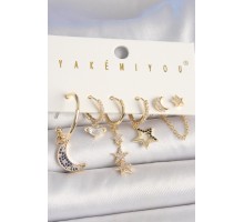 Pirinç Gold Renk Zirkon Taşlı Yıldız Model Hilal Detay 6'Lı Kadın Kombin Küpe - TJ-BKP10455