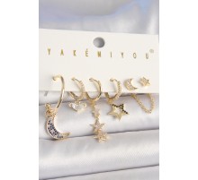 Pirinç Gold Renk Zirkon Taşlı Yıldız Model Hilal Detay 6'Lı Kadın Kombin Küpe - TJ-BKP10455