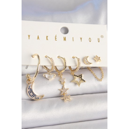 Pirinç Gold Renk Zirkon Taşlı Yıldız Model Hilal Detay 6'Lı Kadın Kombin Küpe - TJ-BKP10455