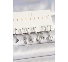 Pirinç Gümüş Renk Zirkon Taşlı Deniz Kabuğu Model Kaplumbağa Detay Kadın Küpe Kombin - TJ-BKP10456