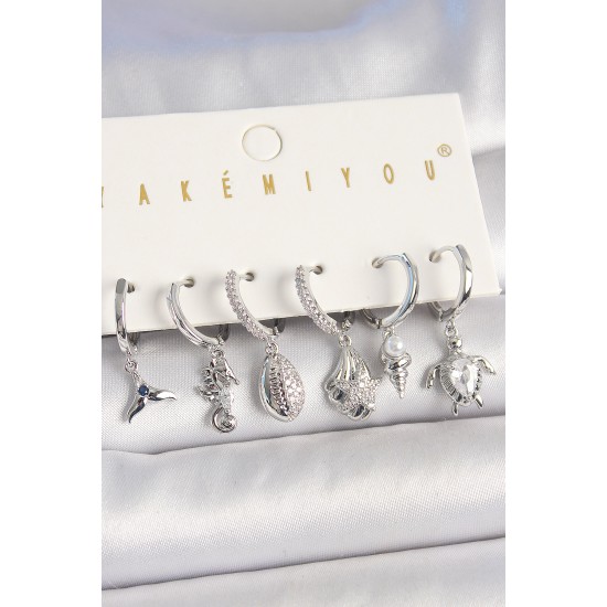 Pirinç Gümüş Renk Zirkon Taşlı Deniz Kabuğu Model Kaplumbağa Detay Kadın Küpe Kombin - TJ-BKP10456