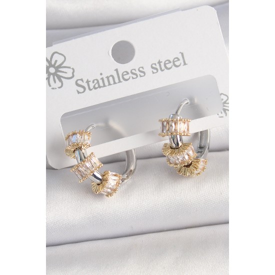 Pirinç Gümüş Renk Halka Gold Zirkon Taşlı Model Kadın Küpe - TJ-BKP10457